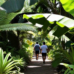 Caribbean Holidays, May Nature Holidays, Visitors walking through a tropical forest on Saint Kitts, viewing broad leaves, ferns and a shaded path beneath Mount Liamuiga