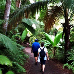 Caribbean Holidays, May Nature Holidays, Visitors walking through Saint Lucia rainforest on a shaded nature trail, surrounded by ferns, palms and tropical trees
