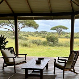 Caribbean Holidays, May Safari Holidays, A comfortable safari lodge with a shaded veranda overlooking green woodland and open grassland in Africa