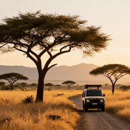 Caribbean Holidays, May Safari Holidays, A golden African savannah at sunrise in May, with acacia trees, distant mountains and a safari vehicle on a dirt track