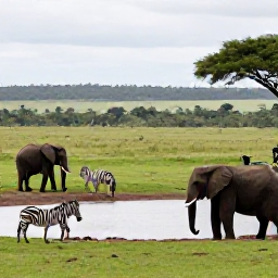Caribbean Holidays, May Safari Holidays, A safari jeep viewing elephants and zebra beside a waterhole on a lush green African plain in May