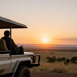 Caribbean Holidays, May Safari Holidays, A safari traveller watching the sunset from a raised viewpoint over an African valley, with warm evening light and distant animals