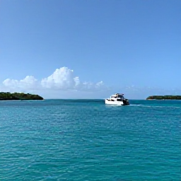 Caribbean Holidays, May Scuba Diving, A dive boat travelling across calm turquoise sea towards Grand Turk, with low green islands and a sunny blue sky