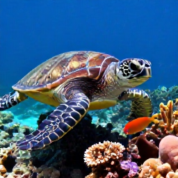 Caribbean Holidays, May Scuba Diving, Close-up underwater scene of a sea turtle swimming above healthy coral, colourful reef fish and sponges in Turks and Caicos