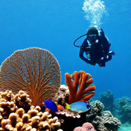 Caribbean Holidays, May Scuba Diving, Colourful Caribbean reef fish, sea fans and coral surrounding a relaxed scuba diver underwater