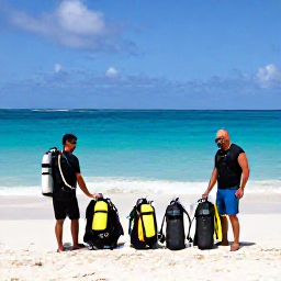 Caribbean Holidays, May Scuba Diving, Friendly Caribbean dive instructors preparing scuba equipment beside a tropical beach