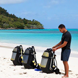 Caribbean Holidays, May Scuba Diving, Friendly dive centre staff preparing scuba equipment beside a tropical beach on Saint Vincent
