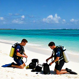 Caribbean Holidays, May Scuba Diving, Friendly scuba divers preparing equipment on a sunny beach beside a turquoise lagoon in the Turks and Caicos Islands