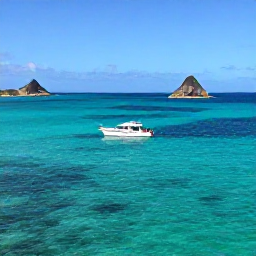 Caribbean Holidays, May Scuba Diving, Small dive boat travelling across turquoise water towards rocky Caribbean islands near Saint Martin
