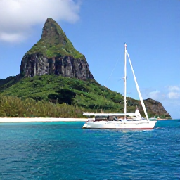 Caribbean Holidays, May Scuba Diving, Traditional dive boat travelling between lush volcanic islands in the Grenadines under a sunny May sky