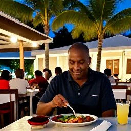 Caribbean Holidays, May Solo Holidays, A friendly solo traveller dining at an outdoor restaurant in Charlestown, Nevis, with local Caribbean food, warm evening light and palm trees
