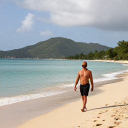 Caribbean Holidays, May Solo Holidays, A relaxed solo traveller walking along a quiet golden beach on Saint Kitts with calm Caribbean water and green hills in the distance