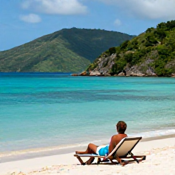 Caribbean Holidays, May Solo Holidays, Solo holidaymaker relaxing on Orient Bay beach in May, calm turquoise water, beach loungers and green hills