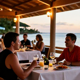 Caribbean Holidays, May Solo Holidays, Solo traveller dining at a welcoming Caribbean restaurant in Grand Case at sunset, tables, seafood and warm lights