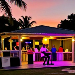 Caribbean Holidays, May Solo Holidays, Solo traveller enjoying a colourful Caribbean evening in Tobago, with local restaurant, live music and sunset sky