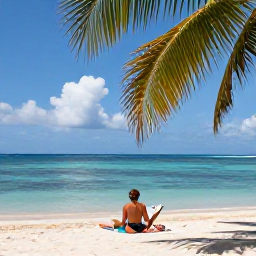 Caribbean Holidays, May Solo Holidays, Solo traveller relaxing on a sunny beach in Tobago with calm turquoise water, palm trees and a small book