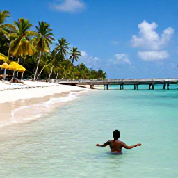 Caribbean Holidays, May Solo Holidays, Solo visitor swimming in clear water at Pigeon Point Tobago, with white sand beach, wooden jetty and coconut palms