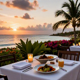 Caribbean Holidays, May Spa Breaks, A beautifully presented healthy dinner on a Caribbean resort terrace at sunset, with ocean views, candles and tropical plants