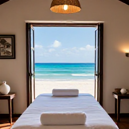 Caribbean Holidays, May Spa Breaks, A calm spa treatment room overlooking Grace Bay beach, with natural materials, soft towels and sunlight through open windows