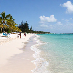 Caribbean Holidays, May Spa Breaks, A calm white-sand beach on Saint Martin or Sint Maarten in May, with clear shallow water, sun loungers and a couple walking along the shore