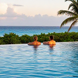 Caribbean Holidays, May Spa Breaks, A couple relaxing beside a Caribbean infinity pool at a spa hotel in May, with lush greenery, blue water and soft evening light