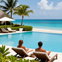 Caribbean Holidays, May Spa Breaks, A couple relaxing beside an infinity pool at a Caribbean resort in May, with lush gardens, comfortable loungers and a bright blue sea
