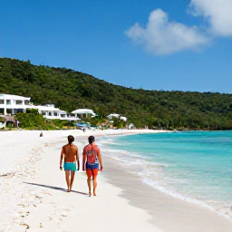 Caribbean Holidays, May Spa Breaks, A couple walking along a white-sand beach near a Caribbean resort in the United States Virgin Islands