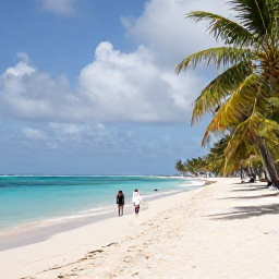 Caribbean Holidays, May Spa Breaks, A peaceful sandy beach on Nevis with turquoise water, palm trees and a couple walking slowly after a spa treatment