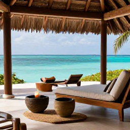 Caribbean Holidays, May Spa Breaks, A peaceful spa lounge with natural textures, candles and a view across turquoise Caribbean sea