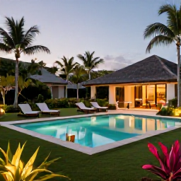 Caribbean Holidays, May Spa Breaks, A peaceful Turks and Caicos resort garden with a spa pool, loungers, tropical plants and warm evening light