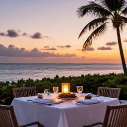 Caribbean Holidays, May Spa Breaks, A relaxed outdoor Caribbean dinner at sunset near the sea, with fresh local food, soft lantern light and palm trees