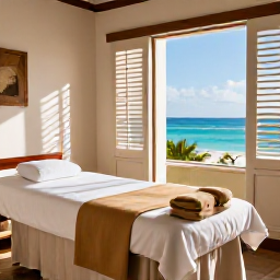 Caribbean Holidays, May Spa Breaks, A stylish spa treatment room overlooking the Caribbean, with natural textures, soft towels and sunlight filtering through shutters