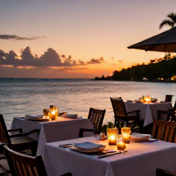 Caribbean Holidays, May Spa Breaks, A sunset dinner at a waterfront restaurant in Grand Case or Philipsburg, with Caribbean dishes, gentle evening light and views across the bay
