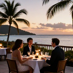 Caribbean Holidays, May Spa Breaks, A sunset dinner on a Caribbean resort terrace, with soft lights, palm trees and calm sea in the United States Virgin Islands
