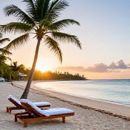 Caribbean Holidays, May Spa Breaks, A tranquil Caribbean beach at sunrise with a luxury spa resort, palm trees, calm turquoise water and soft golden light
