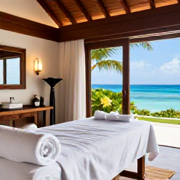 Caribbean Holidays, May Spa Breaks, An elegant Caribbean spa treatment room with natural wood, white towels, tropical flowers and views towards the blue sea