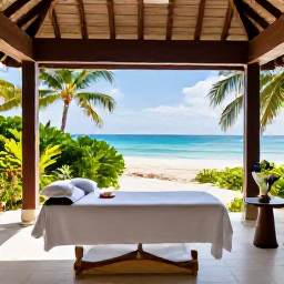 Caribbean Holidays, May Spa Breaks, An elegant open-air spa treatment room overlooking a Caribbean beach, with natural wood, tropical plants and a calm ocean view