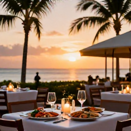 Caribbean Holidays, May Spa Breaks, An elegant outdoor restaurant in Turks and Caicos at sunset, serving fresh Caribbean seafood with candles and palm trees nearby