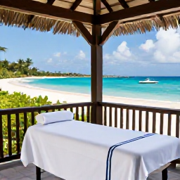 Caribbean Holidays, May Spa Breaks, An outdoor spa treatment on a shaded terrace overlooking a Caribbean beach in May