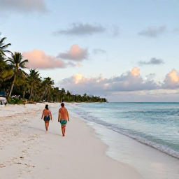 Caribbean Holidays, May Spa Breaks, Visitors walking barefoot along the white sands of Grace Bay in May, with calm clear water, palm trees and soft afternoon sunshine