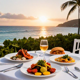 Caribbean Holidays, May Tours, Outdoor table with fresh Caribbean seafood and French-inspired dishes overlooking the sea at sunset on Saint Martin
