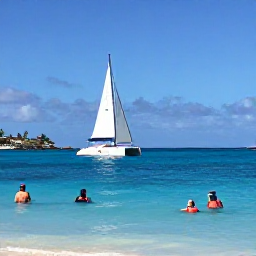 Caribbean Holidays, May Tours, Small catamaran sailing beside a quiet Caribbean cove near Saint Martin, with snorkellers in clear blue water