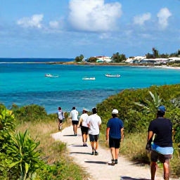 Caribbean Holidays, May Walking Holidays, A coastal footpath above a Caribbean cove, with walkers looking towards turquoise water, fishing boats and a small island village