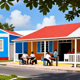 Caribbean Holidays, May Walking Holidays, A friendly Caribbean village caf&eacute; near a walking trail, with local food, colourful buildings and walkers relaxing outdoors