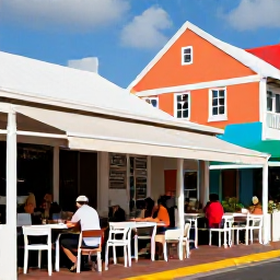 Caribbean Holidays, May Walking Holidays, A friendly outdoor caf&eacute; beside a Caribbean street in Saint Martin, with walkers resting after a hike and colourful local architecture