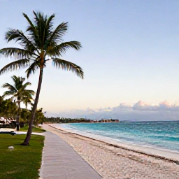 Caribbean Holidays, May Walking Holidays, A quiet sandy beach on Saint Martin with a walking path, palm trees, turquoise water and soft afternoon light in May
