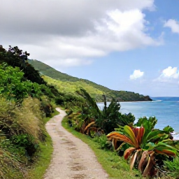 Caribbean Holidays, May Walking Holidays, A scenic coastal walking trail on a Caribbean island in May, with green hills, tropical plants and calm blue sea