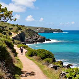 Caribbean Holidays, May Walking Holidays, A scenic coastal walking trail on Saint Martin with turquoise sea, rocky headlands, tropical vegetation and walkers enjoying the May sunshine