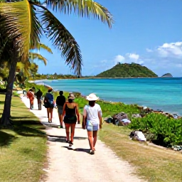 Caribbean Holidays, May Walking Holidays, A small group walking along a palm-fringed island trail in the Grenadines, with clear blue water and neighbouring islands in the distance