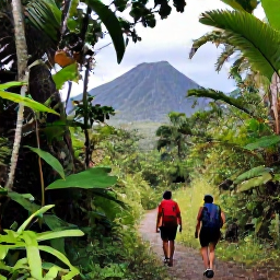 Caribbean Holidays, May Walking Holidays, Hikers following a lush rainforest trail towards La Soufri&egrave;re volcano on Saint Vincent, with tropical vegetation and mountain scenery